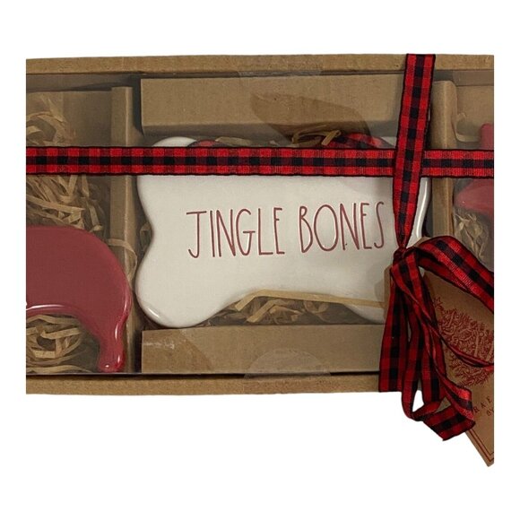 New Rae Dunn Set Of 3 Dog Ornaments Cheer, Jingle Bones, Jolly Red White NEW - Picture 6 of 7